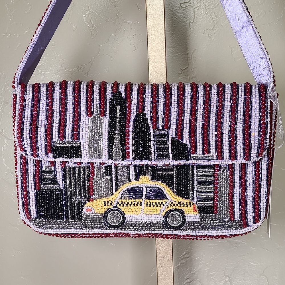 Made In India Viral Urban Beaded Purse Bag with Taxi Design Cityscape Buildings